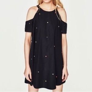 ZARA Trafaluc Navy Cold Shoulder Poplin Dress XS